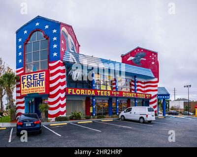 Kissimmee, Florida - February 6, 2022: Ultra Wide View of Studio West Gift Shop, which is USA Flag Themed. Stock Photo