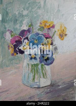 Oil painting: violets in a glass vase. Paint texture. The flowers are painted in an impressionistic manner. Bright pastel colours, soft light. Stock Photo