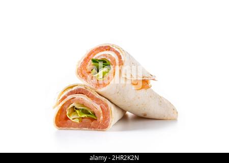Salmon wrap sandwich roll with cheese and vegetables isolated on white background Stock Photo