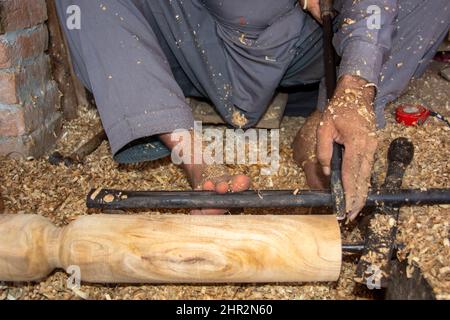 Antique skills of woodcarving Stock Photo