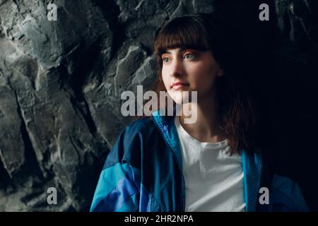 Young sporty woman 80 and 90's style. 90s fashion positive girl Stock Photo