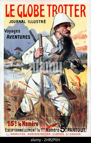 Le Globe Trotter, lithographic poster by Louis Tauzin, advertising for a french magazine. 1902. Stock Photo