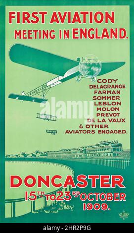 Anonymous artist - FIRST AVIATION MEETING IN ENGLAND, DONCASTER - lithograph in colours, 1909, printed by Alf Cooke Ltd., London. Stock Photo