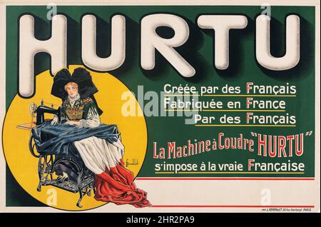 Hurtu Sewing Machines (c. 1900). French Advertising Poster. Louis Bombled Artwork - vintage advertisement poster Stock Photo