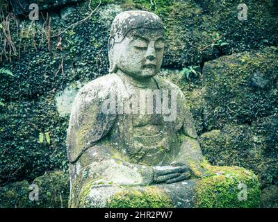 Statue of Buddha against moss-covered stone wall in Nikko, Japan Stock Photo