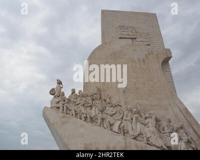Closeup shot of The Monument to the Discoveries in Lisbon, Portugal on a cloudy day Stock Photo