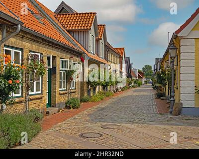 Historic houses in the former fishing village Holm, a district of Schleswig in Schleswig-Holstein, Germany Stock Photo
