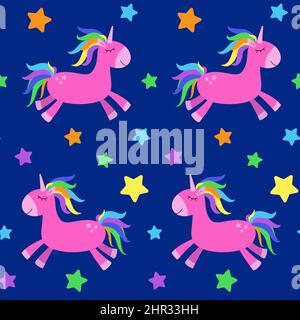 Seamless pattern with funny cartoon unicorn. Cute background. Magical and fairy tale animal. Print for nursery wallpaper, textile, clothes, wrapping p Stock Vector