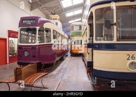 Derbyshire, UK – 5 April 2018: Vintage trams on display at the Crich Tramway Village, the national tram museum Stock Photo