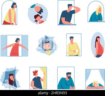 Characters looking out window, people peeping through hole in paper. Curious men and women peeking out windows, spying character vector set. Illustrat Stock Vector