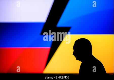 MOSCOW, RUSSIA, 24. FEBRUARY: Vladimir Putin's attack on Ukraine. illustration photo of the conflict between Russia and Ukraine. The war caused by Rus Stock Photo