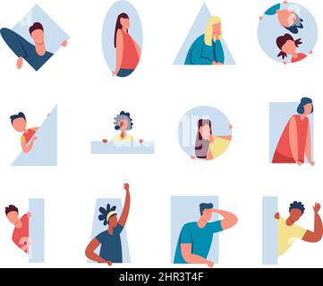 People peeping out window and peeking behind wall. Male and female characters looking out of various shapes, spying person vector set. Illustration of Stock Vector