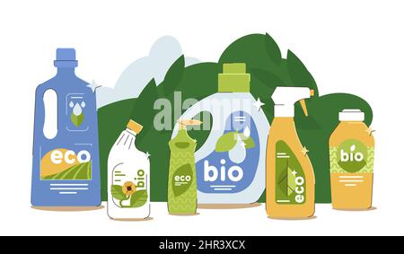 Eco friendly products for house cleaning or laundry washing. Home cleaner detergents with plant based ingredients. Natural organic household product. Bottles and spray for housekeeping service Stock Vector