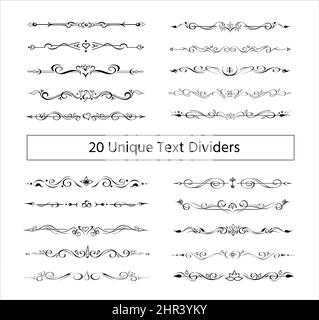 Set of 20 ornate text delimiters, dividers, page bottom decorative borders, fancy vignettes. Hand-drawn elements Stock Vector