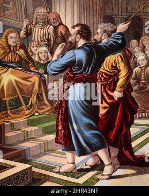 Bible Story- Illustration of Moses and Aaron Before Pharaoh Aaron Throwing his Staff Down  Exodus Stock Photo