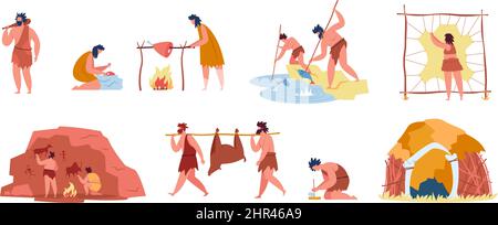 Prehistoric people with stone age tools, Cavemen hunt mammoth. Primitive characters hunting, cooking food, making fire, caveman hut vector set. Illust Stock Vector