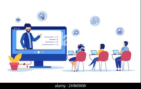 Vector of students learning online at home by webinar training, listening to a teacher Stock Vector