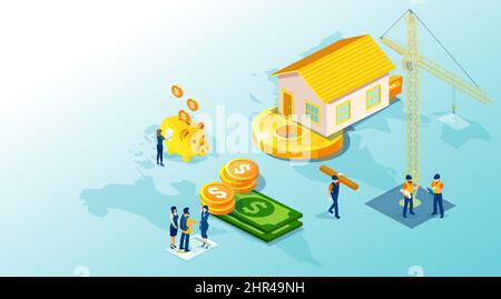 Isometric vector of a building process of a home from engineer planning, bank money borrowing  to presentation by a real estate agent to a young famil Stock Vector