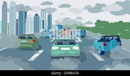 Heavy transport traffic and air pollution concept. Vector of cars on a highway with carbon dioxide clouds Stock Vector