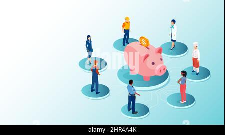 Vector of people of different occupations standing around a piggy bank Stock Vector
