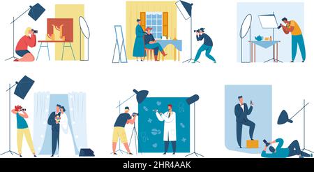 Photographers taking photos of model in studio, wedding photoshoot. Professional photographer with camera, product photography vector set. Illustratio Stock Vector