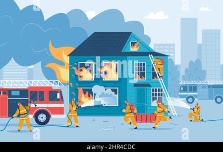 Firefighters putting out house fire, firemen try to extinguish flames. Fireman in uniform using firehose, burning building vector illustration. Rescue Stock Vector