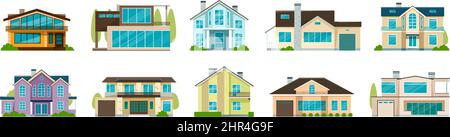 Flat cottage houses, residential villas, modern suburban housing. Real estate, house for sale, country house, residence property vector set. Illustrat Stock Vector