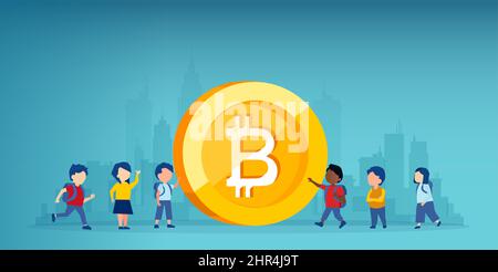 Vector of a group of little children standing next to a bitcoin Stock Vector