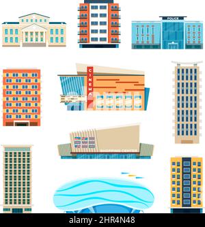 Flat city building, modern apartment buildings, residential houses. Town hall, cinema, police station, urban municipal architecture vector set. Illust Stock Vector