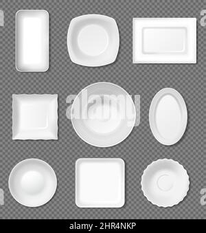 Realistic white plate, top view empty dishes, porcelain dinnerware. Dinner plates and bowls, kitchen crockery, ceramic tableware vector set. Illustrat Stock Vector