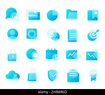 Finance and business glassmorphism style icons with blur effect. Digital marketing strategy transparent frosted glass icon vector set. Illustration of Stock Vector