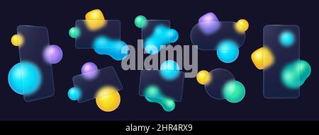 Glassmorphism frame, transparent glass plates with abstract shapes. Glass morphism phone or credit card frames with blur effect vector set. Illustrati Stock Vector