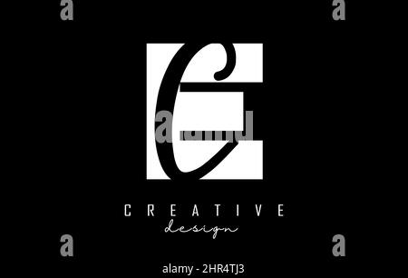 Black and white EC Letters logo with negative space. Letters E and C with geometric and handwritten typography. Creative Vector Illustration with lett Stock Vector