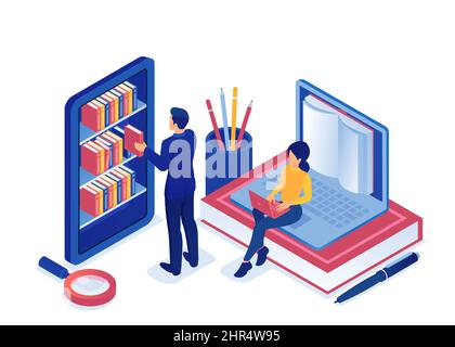 Vector of a man and a woman using internet education resources, online library Stock Vector