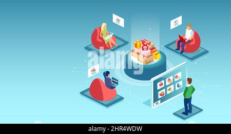 Vector of people online shopping on an E-commerce platform making order using mobile application Stock Vector