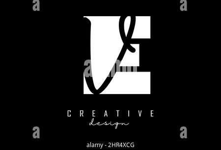 Black and white EV Letters logo with negative space. Letters E and V with geometric and handwritten typography. Creative Vector Illustration with lett Stock Vector