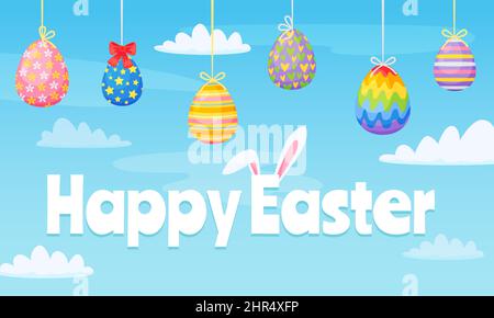Cartoon happy easter banner with colorful painted eggs. Spring holiday greeting card with chocolate eggs and bunny ears vector illustration. Illustrat Stock Vector