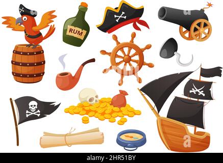 Cartoon pirate elements, parrot, cannon, treasures, sailing ship. Flag, steering wheel, compass, map, pirates sea adventure vector set. Illustration o Stock Vector
