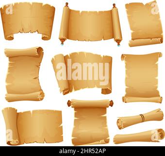 Cartoon scrolls, old parchment paper, ancient papyrus scroll. Antique manuscript roll, medieval rolled papers, blank treasure map vector set of parchm Stock Vector