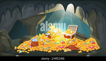 Cartoon treasure cave with piles of coins, gold bars, gems and jewels. Hidden ancient mine with pirate treasures and jewelry vector illustration. Pile Stock Vector