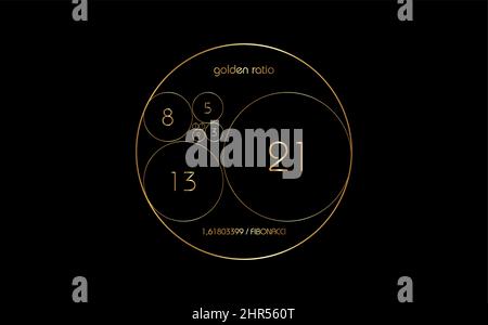 Fibonacci Sequence Circle. Golden ratio. Geometric shapes spiral. Circles in golden proportion. Futuristic minimalist fashion design. Gold Logo Stock Vector