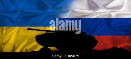 Military conflict between Russia and Ukraine. Both flags and russian tank as concept. Stock Photo