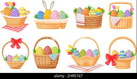 Cartoon easter baskets with painted eggs and spring flowers. Wicker basket full of chocolate egg, springtime holiday gift hampers vector set. Illustra Stock Vector