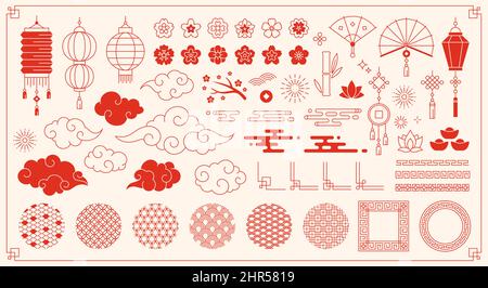 Traditional chinese new year elements, asian oriental ornaments. Japanese festive decorations, clouds, flowers and patterns vector set. Illustration o Stock Vector
