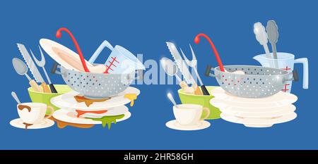 Dirty and clean dishes, piles of stained and washed kitchen utensils. Messy plates and cutlery, tableware before and after washing vector set. Illustr Stock Vector