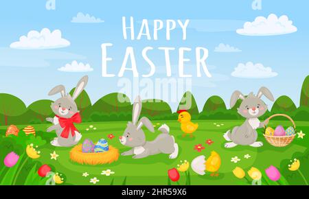 Cartoon spring landscape with cute easter bunnies and eggs. Happy easter card, springtime meadow scenery with flowers vector illustration. Spring rabb Stock Vector