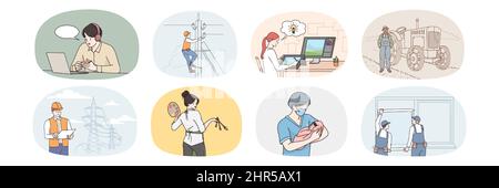 Set of people and their jobs and professions. Collection of diverse man and woman employees with professions. Electrician, graphic designer and engineer. Vector illustration.  Stock Vector