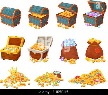 Cartoon treasure chests, piles of gold and jewels, pirate treasures. Bag with diamonds, open wooden chest with coins and gems vector set. Illustration Stock Vector