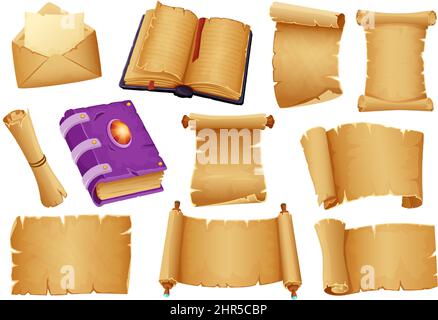 Cartoon ancient books and parchment scrolls, old papyrus rolls. Medieval manuscripts, blank paper scroll, magic wizard open book vector set. Illustrat Stock Vector