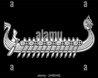 Viking, Scandinavian design. Drakkar with a dragons head. Warship of the Vikings and Scandinavian pattern Stock Vector